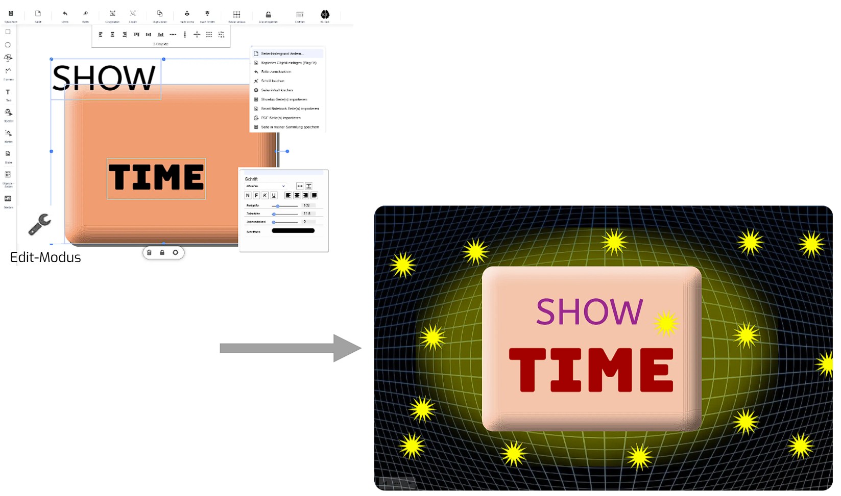 Edit-Modus und Show-Modus nebeneinander